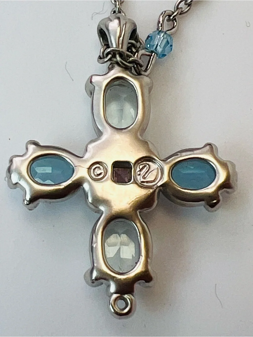 Swarovski Crystal Cross Necklace Sterling Silver Blue Crystal & Pink Accent Swan